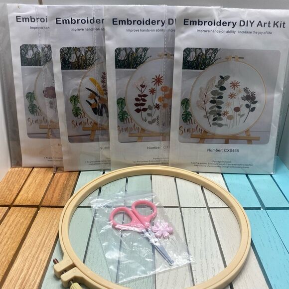 DIY Embroidery Kit Set of 4 Floral Designs with Hoop Threads & Tools Beginner Cr - Picture 2 of 4